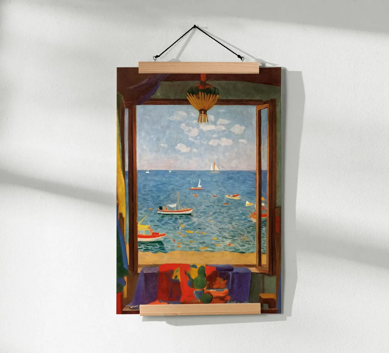 Vista mare - Poster per finestra mediterranea con barche a vela poster con telaio in legno da Studio Sori
