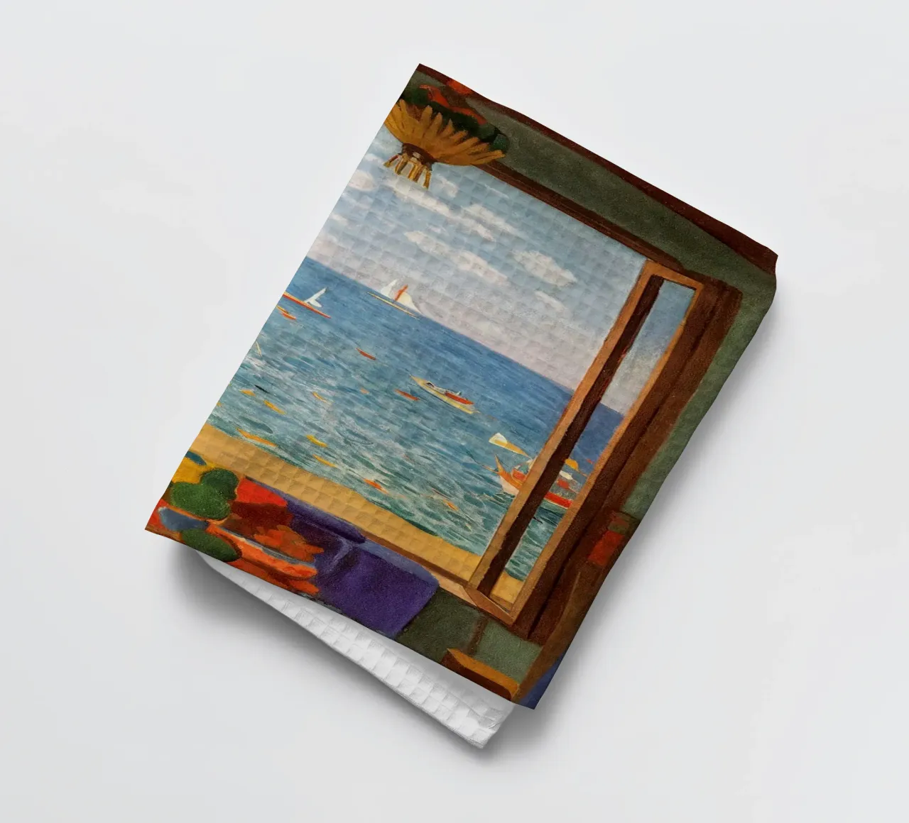 Sea view - Mediterranean window poster with sailing boats tea towel by Studio Sori