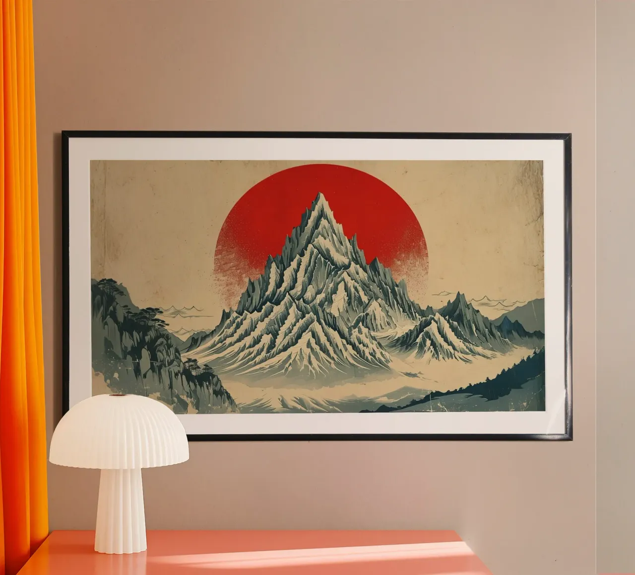 Il monte Fuji e il sole rosso: Un sereno paesaggio giapponese d'epoca poster con telaio in alluminio da Artistic-shop