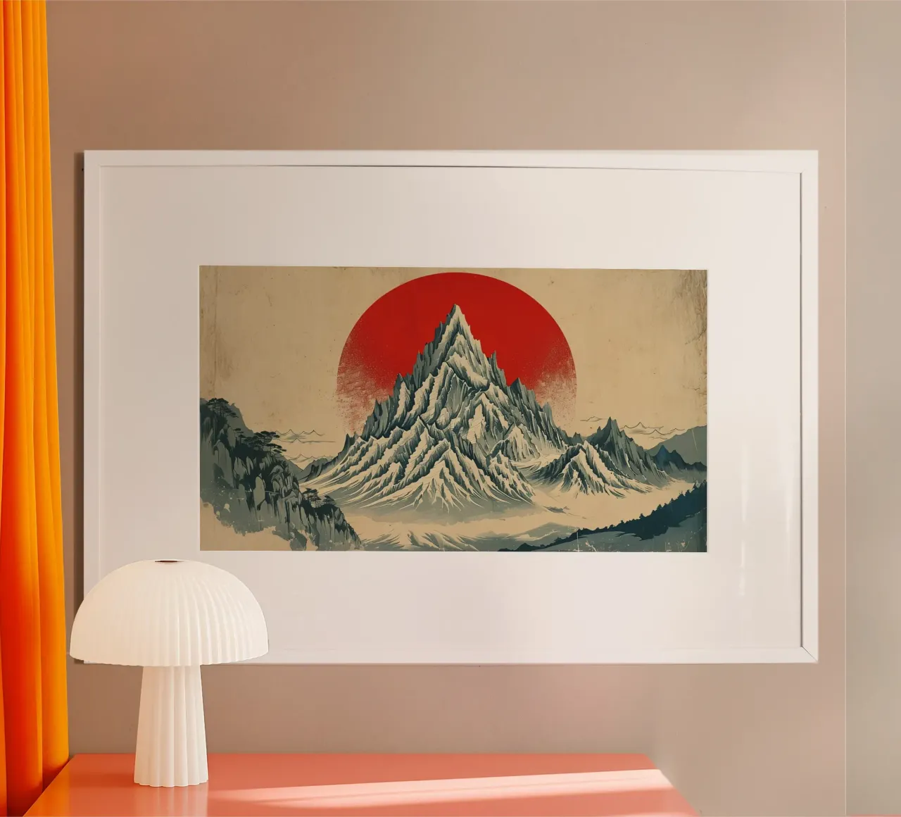Il monte Fuji e il sole rosso: Un sereno paesaggio giapponese d'epoca poster con telaio in alluminio da Artistic-shop