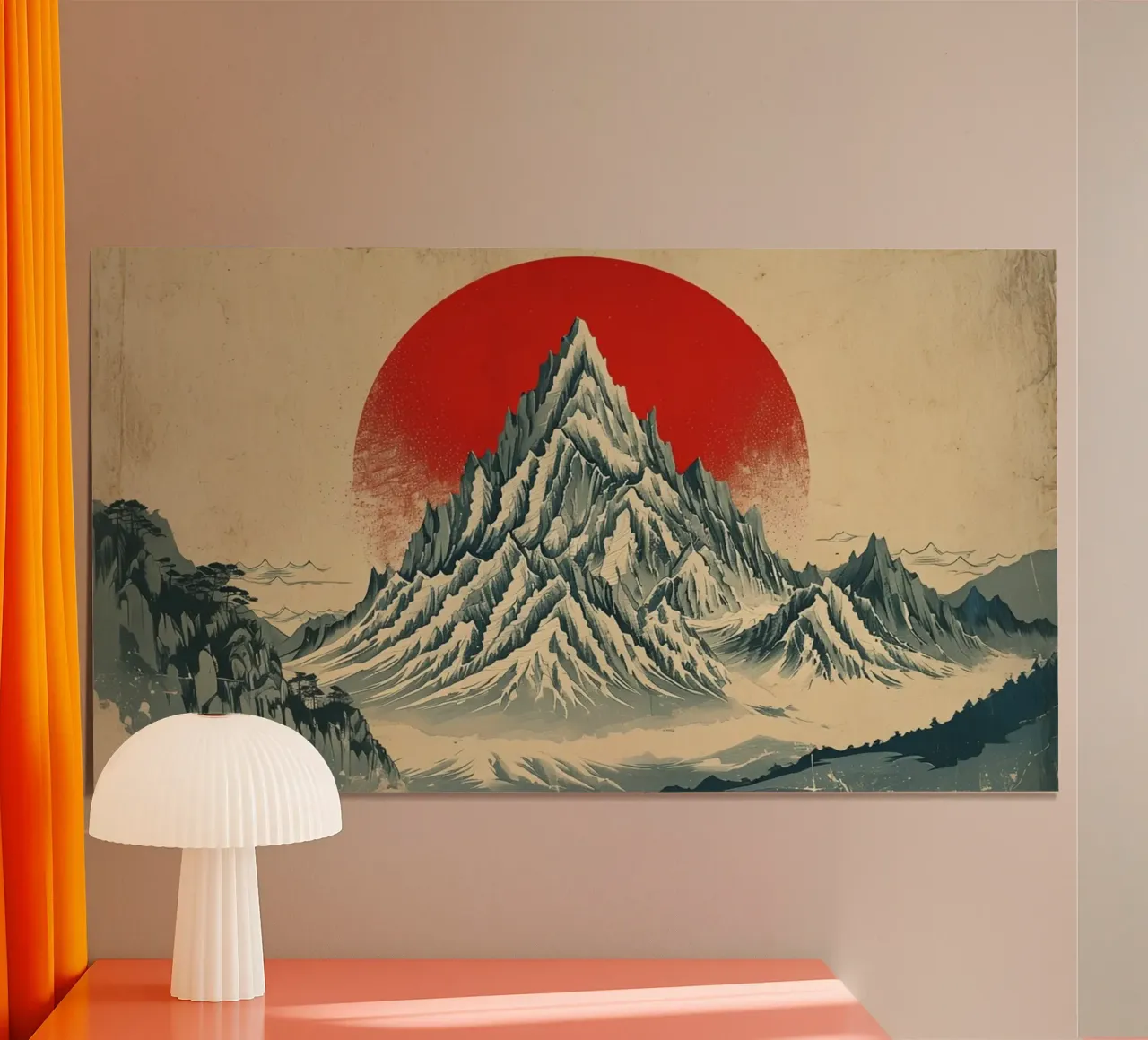 Il monte Fuji e il sole rosso: Un sereno paesaggio giapponese d'epoca poster con telaio in alluminio da Artistic-shop