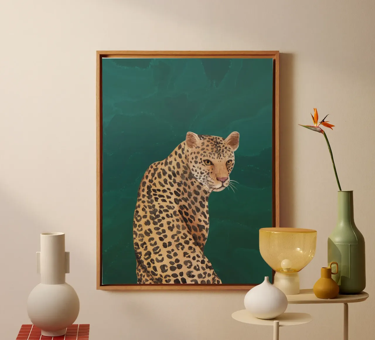 Smaragdgrüne Wandkunst, Leopardendruck, Tier-Wandkunst Leinwand mit Schattenfugenrahmen von Boheme