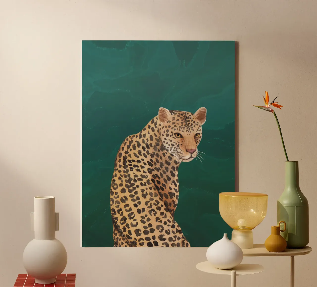 Smaragdgrüne Wandkunst, Leopardendruck, Tier-Wandkunst Leinwand mit Schattenfugenrahmen von Boheme