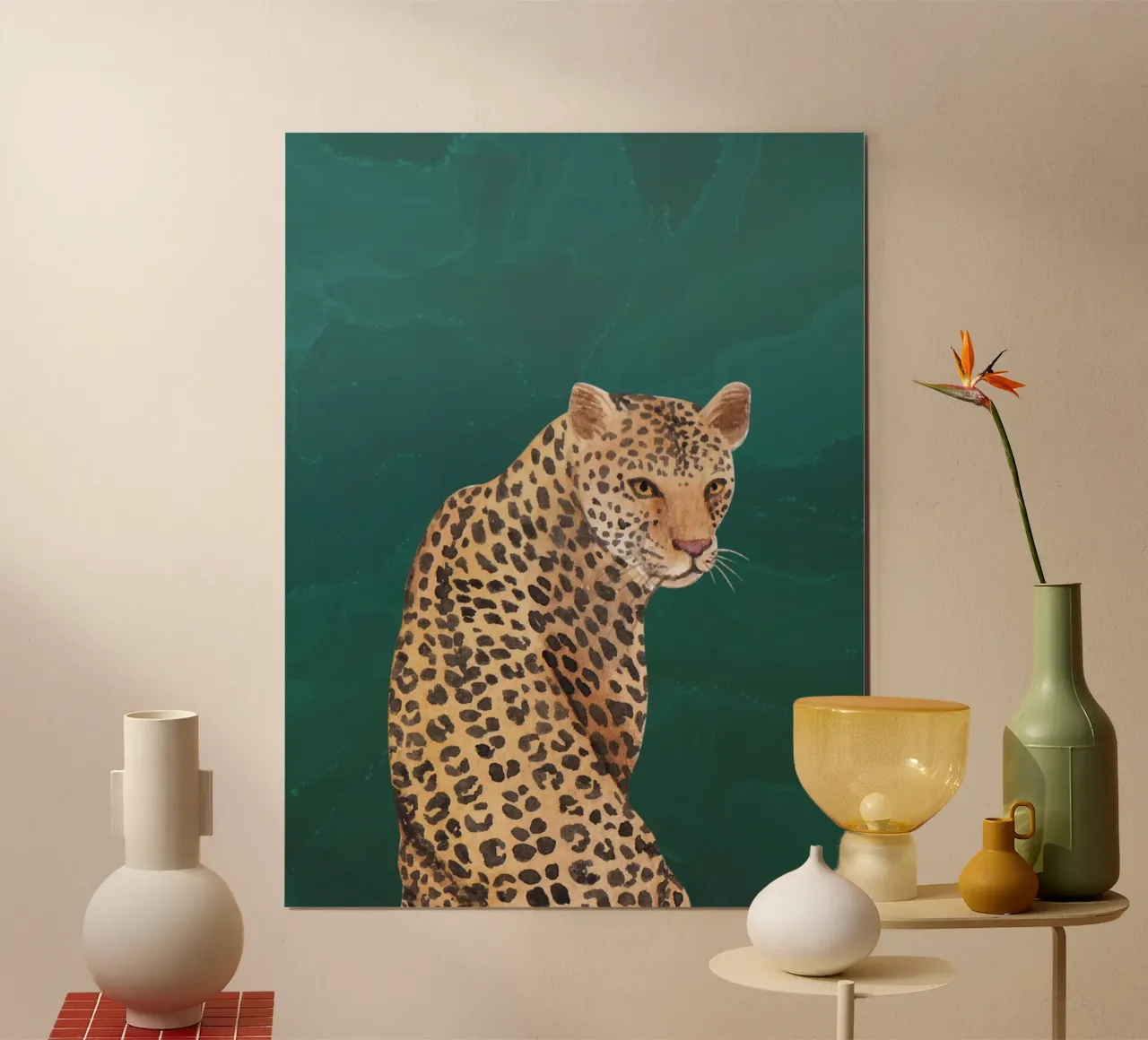 Smaragdgrüne Wandkunst, Leopardendruck, Tier-Wandkunst Poster mit Aluminium Rahmen von Boheme