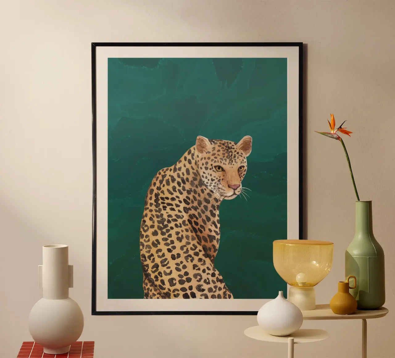 Smaragdgrüne Wandkunst, Leopardendruck, Tier-Wandkunst Poster mit Aluminium Rahmen von Boheme