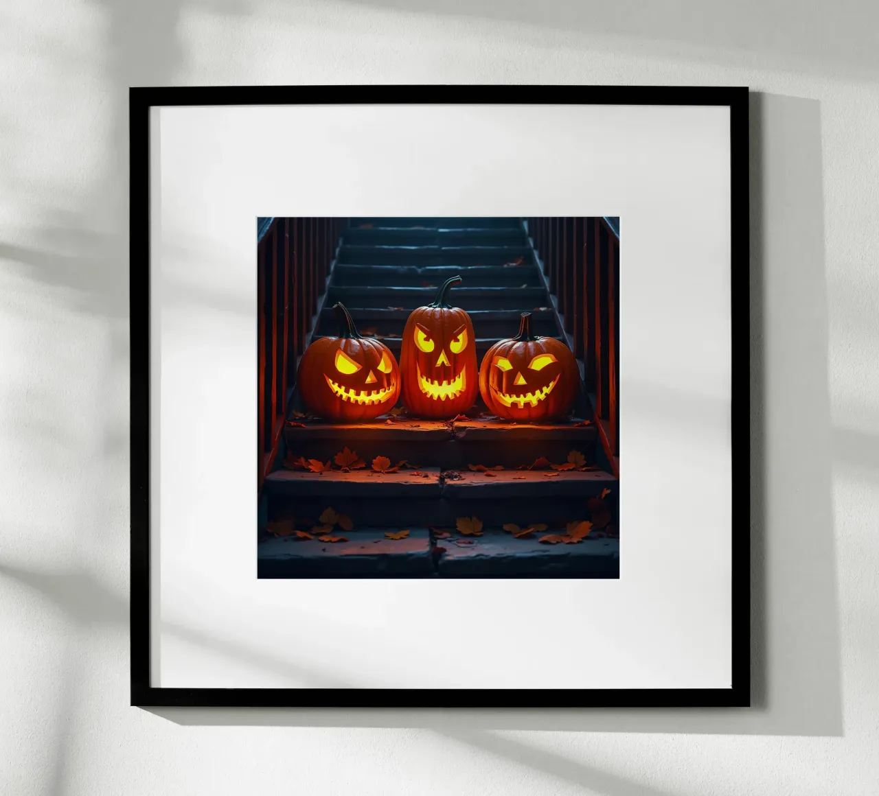 Halloween_tre zucche sulle scale_1 poster con telaio in legno da Fantasie & Mystikwelten by LK