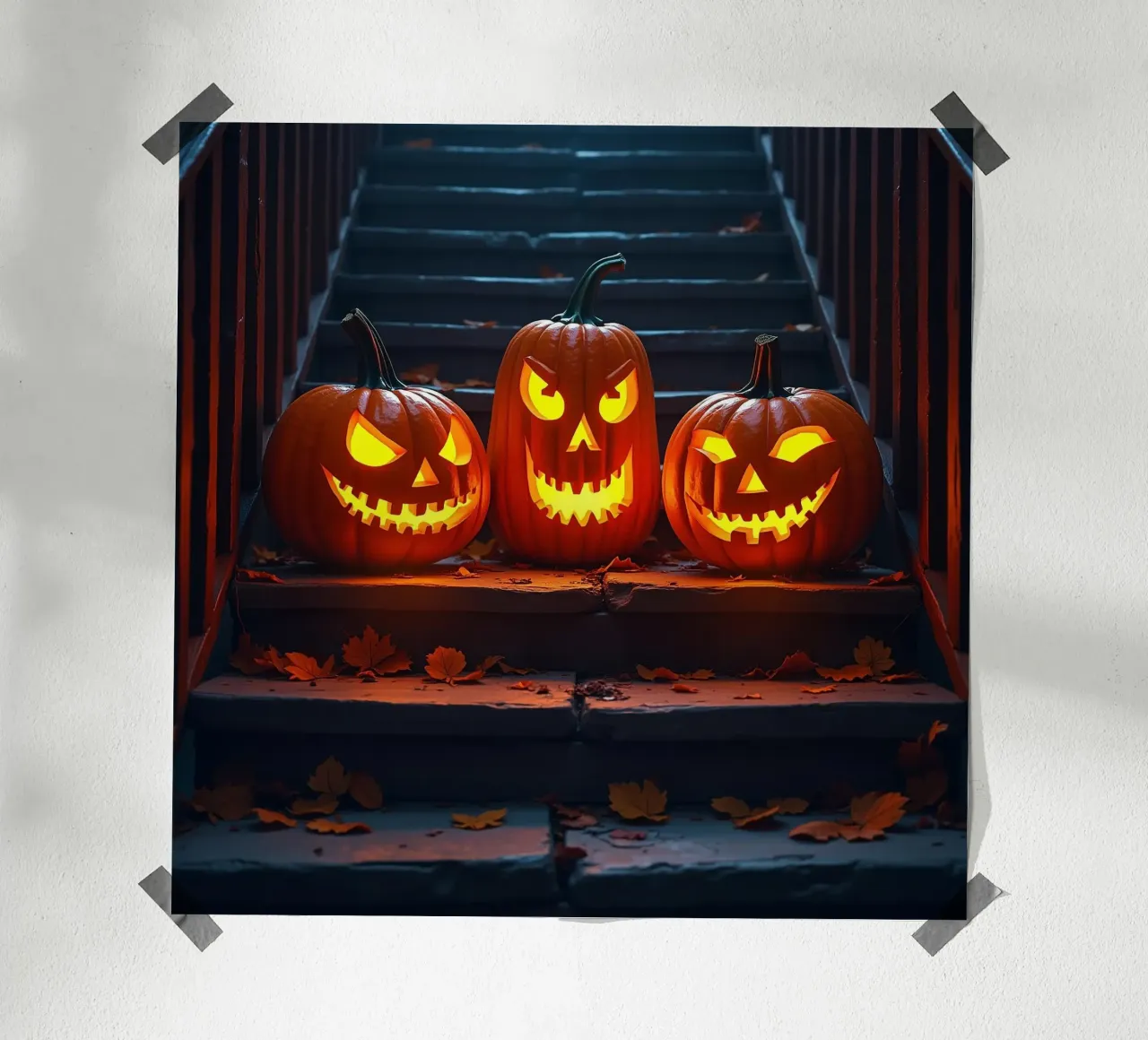 Halloween_tre zucche sulle scale_1 poster con telaio in legno da Fantasie & Mystikwelten by LK