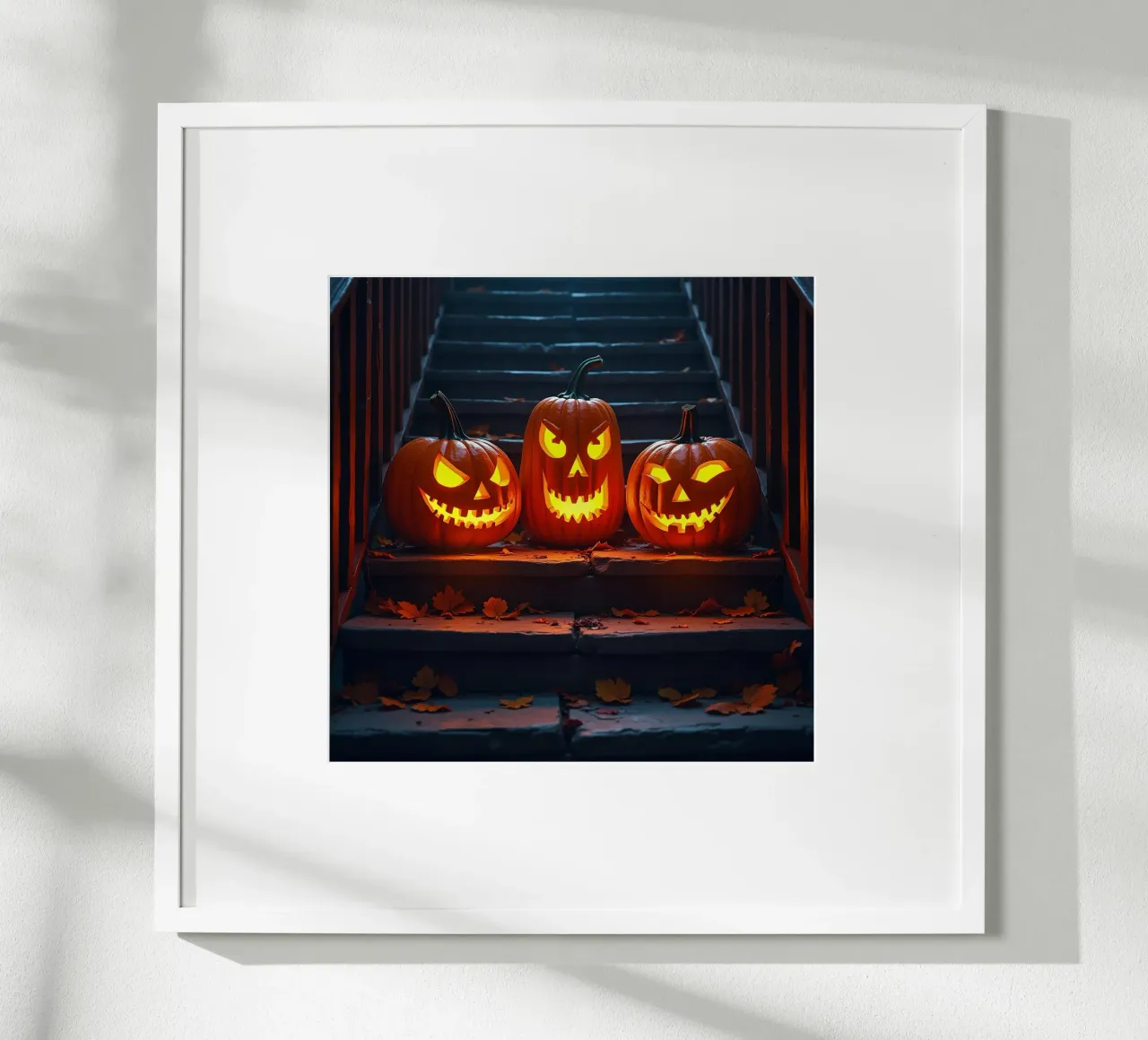 Halloween_tre zucche sulle scale_1 poster con telaio in legno da Fantasie & Mystikwelten by LK