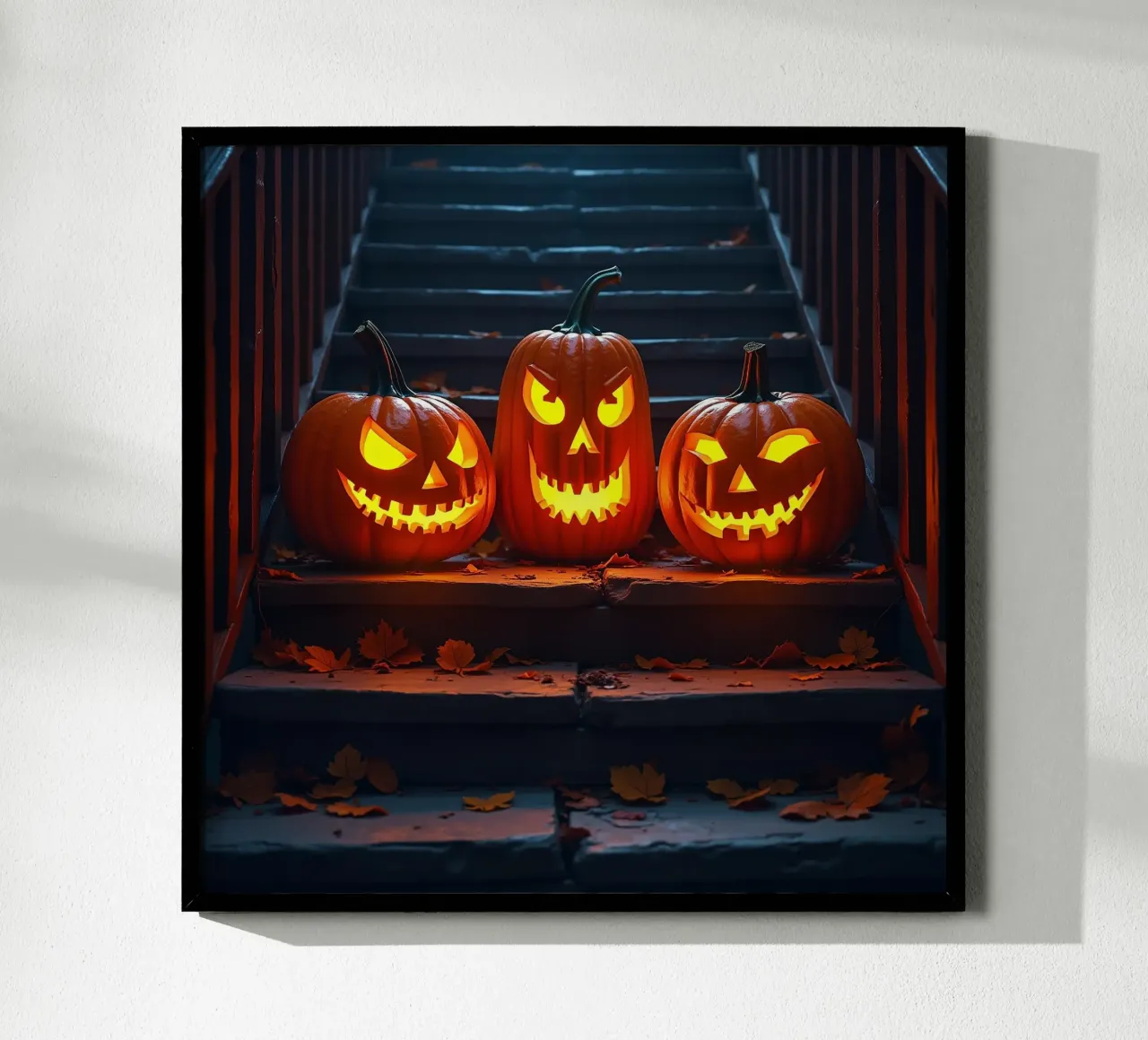 Halloween_tre zucche sulle scale_1 poster con telaio in legno da Fantasie & Mystikwelten by LK