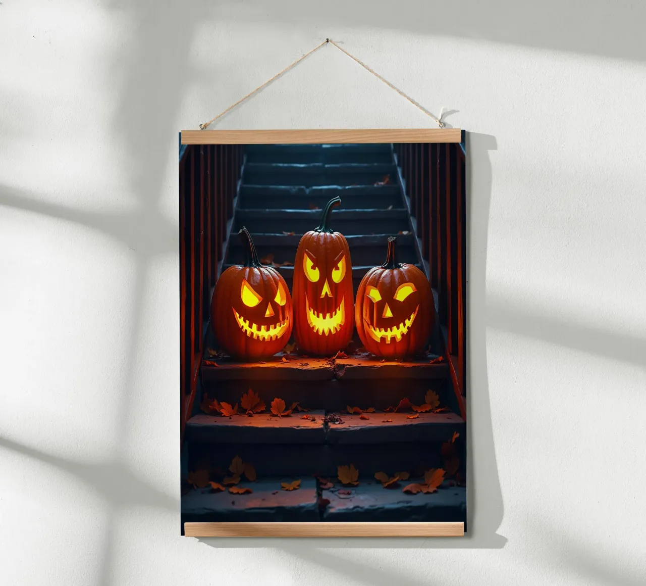 Halloween_tre zucche sulle scale_1 poster con telaio in legno da Fantasie & Mystikwelten by LK
