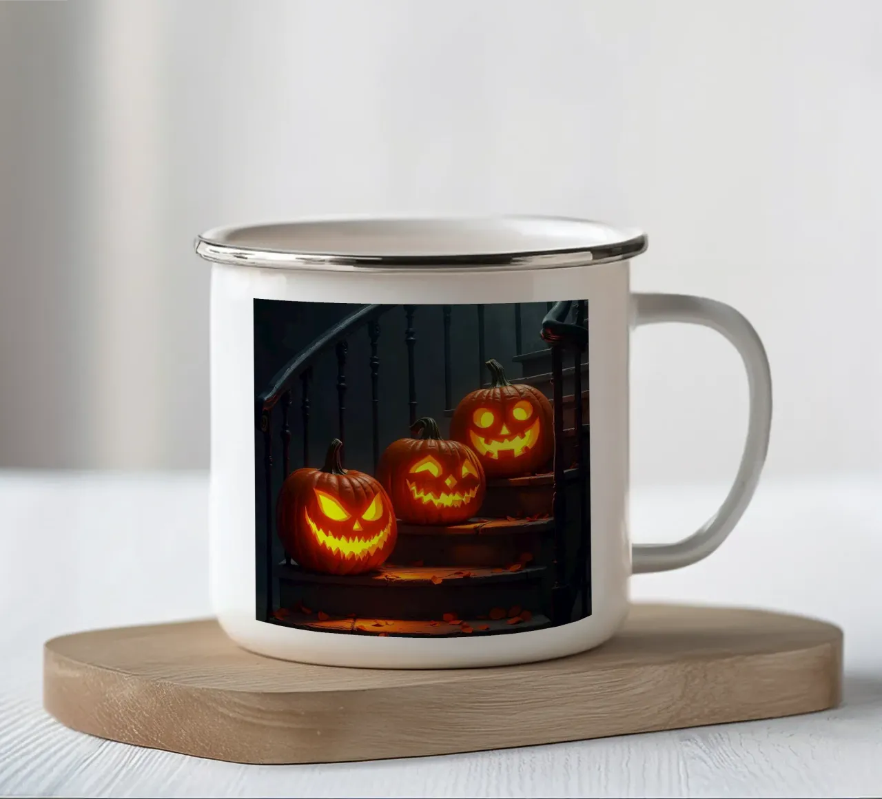 Halloween_tre zucche sulle scale_2 tazza in smalto da Fantasie & Mystikwelten by LK