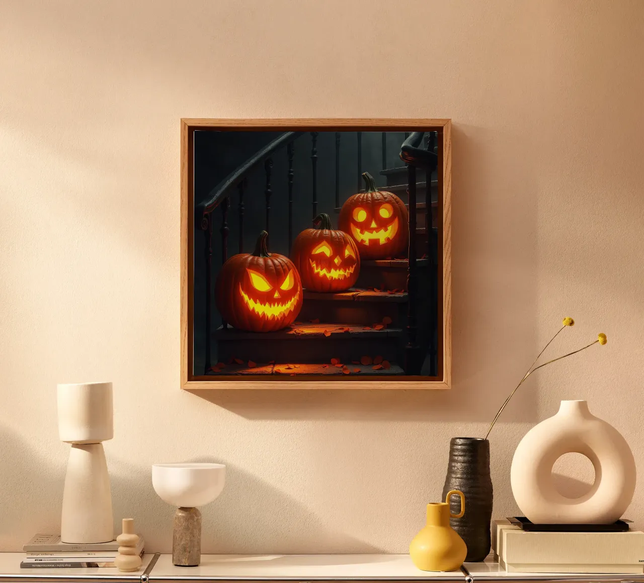 Halloween_tre zucche sulle scale_2 tela con Cornice a cassetta da Fantasie & Mystikwelten by LK