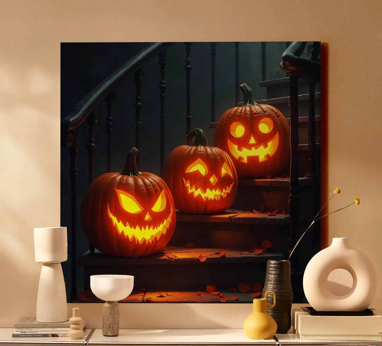 Halloween_tre zucche sulle scale_2 tela con Cornice a cassetta da Fantasie & Mystikwelten by LK