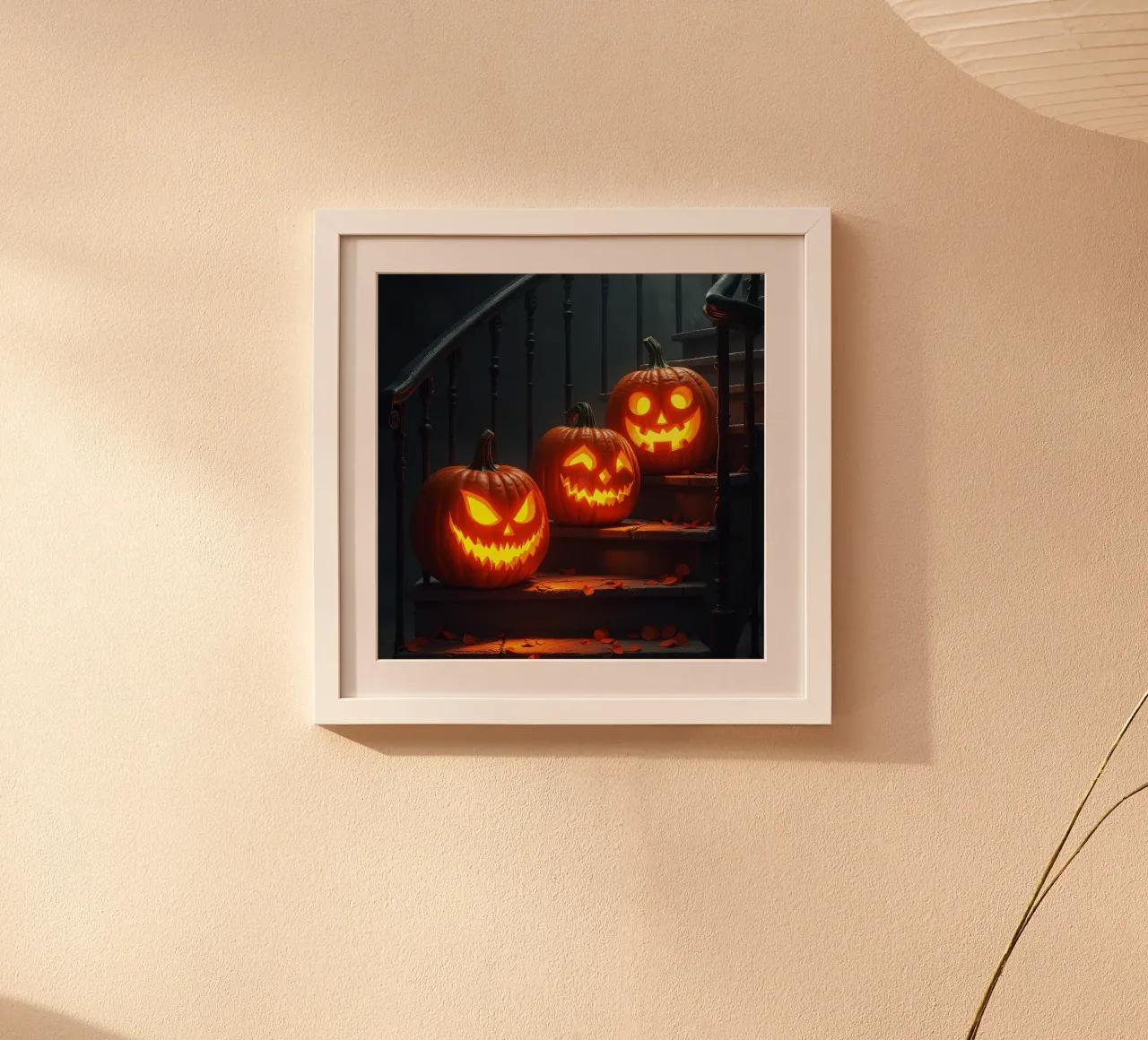Halloween_tre zucche sulle scale_2 poster con telaio in legno da Fantasie & Mystikwelten by LK