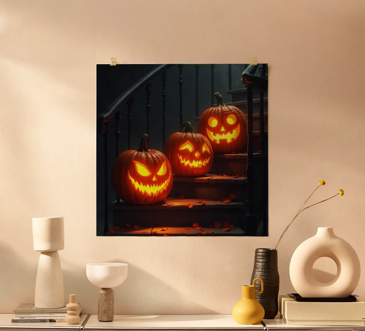 Halloween_tre zucche sulle scale_2 poster con telaio in legno da Fantasie & Mystikwelten by LK