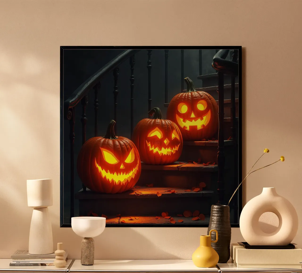 Halloween_tre zucche sulle scale_2 poster con telaio in legno da Fantasie & Mystikwelten by LK