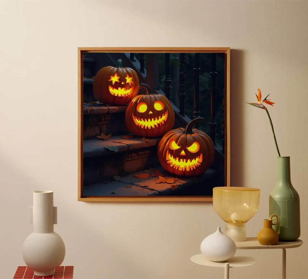 Halloween_tre zucche sulle scale_3 tela con Cornice a cassetta da Fantasie & Mystikwelten by LK