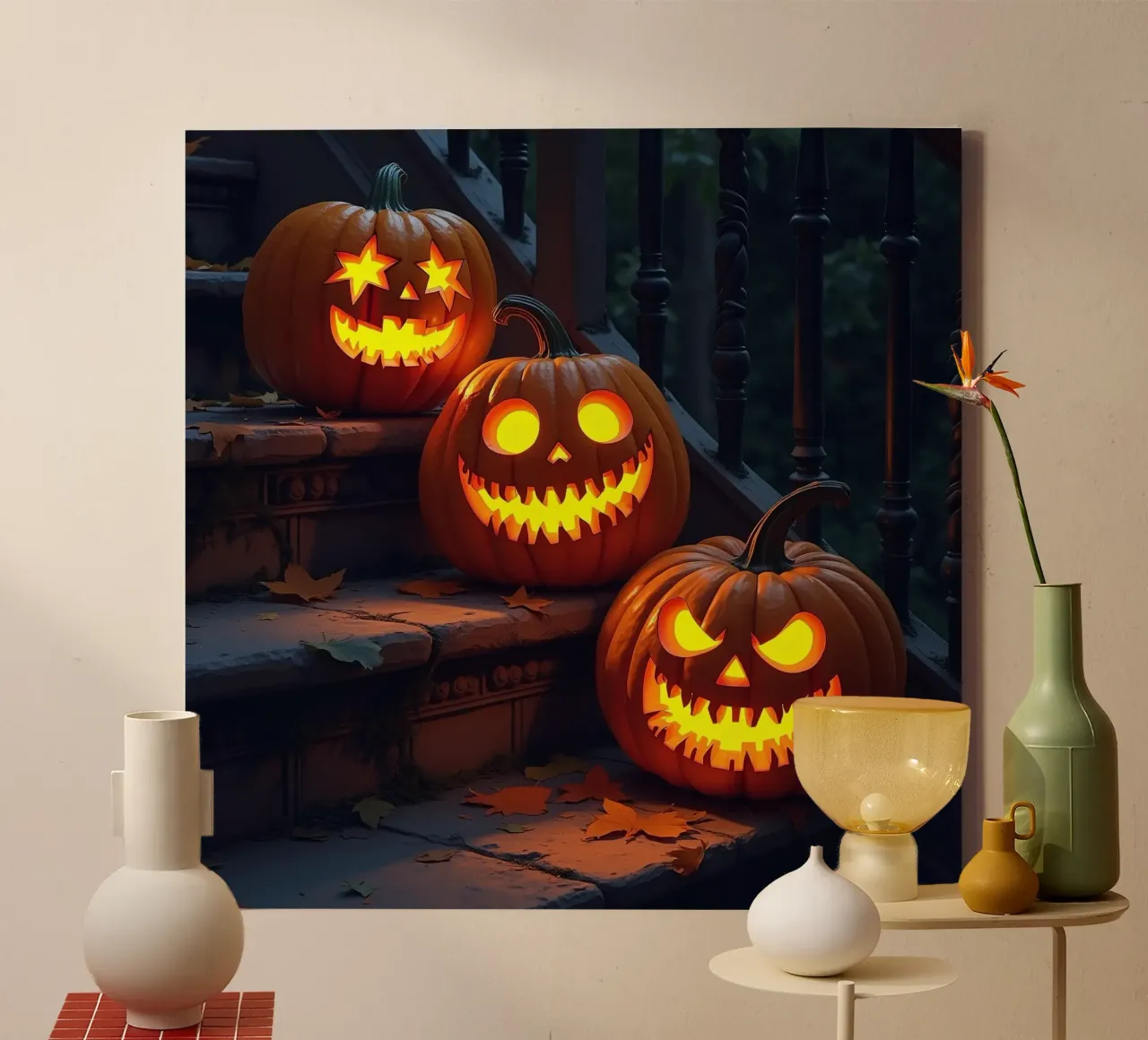 Halloween_tre zucche sulle scale_3 tela con Cornice a cassetta da Fantasie & Mystikwelten by LK
