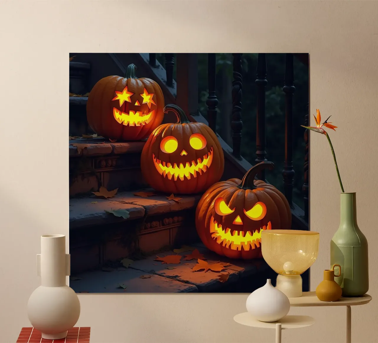 Halloween_tre zucche sulle scale_3 poster con telaio in legno da Fantasie & Mystikwelten by LK