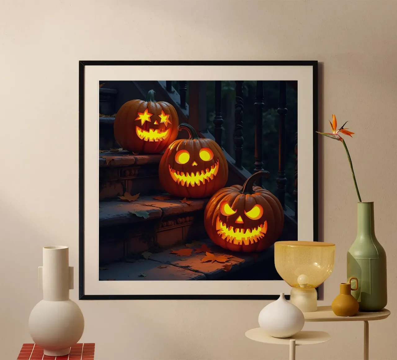 Halloween_tre zucche sulle scale_3 poster con telaio in legno da Fantasie & Mystikwelten by LK