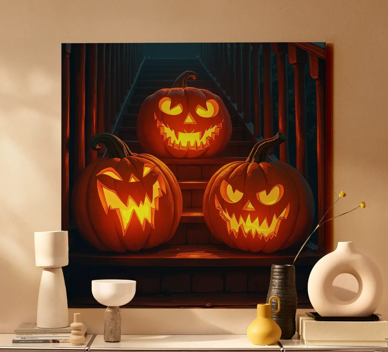 Halloween_tre zucche sulle scale_4 tela con Cornice a cassetta da Fantasie & Mystikwelten by LK