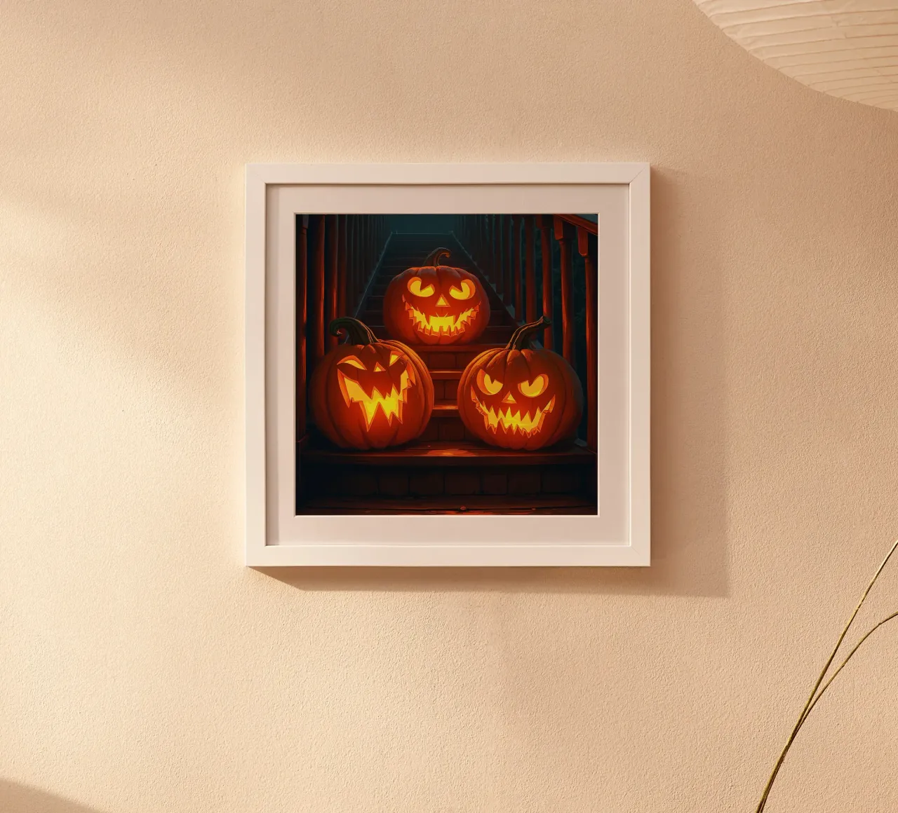 Halloween_tre zucche sulle scale_4 poster con telaio in legno da Fantasie & Mystikwelten by LK