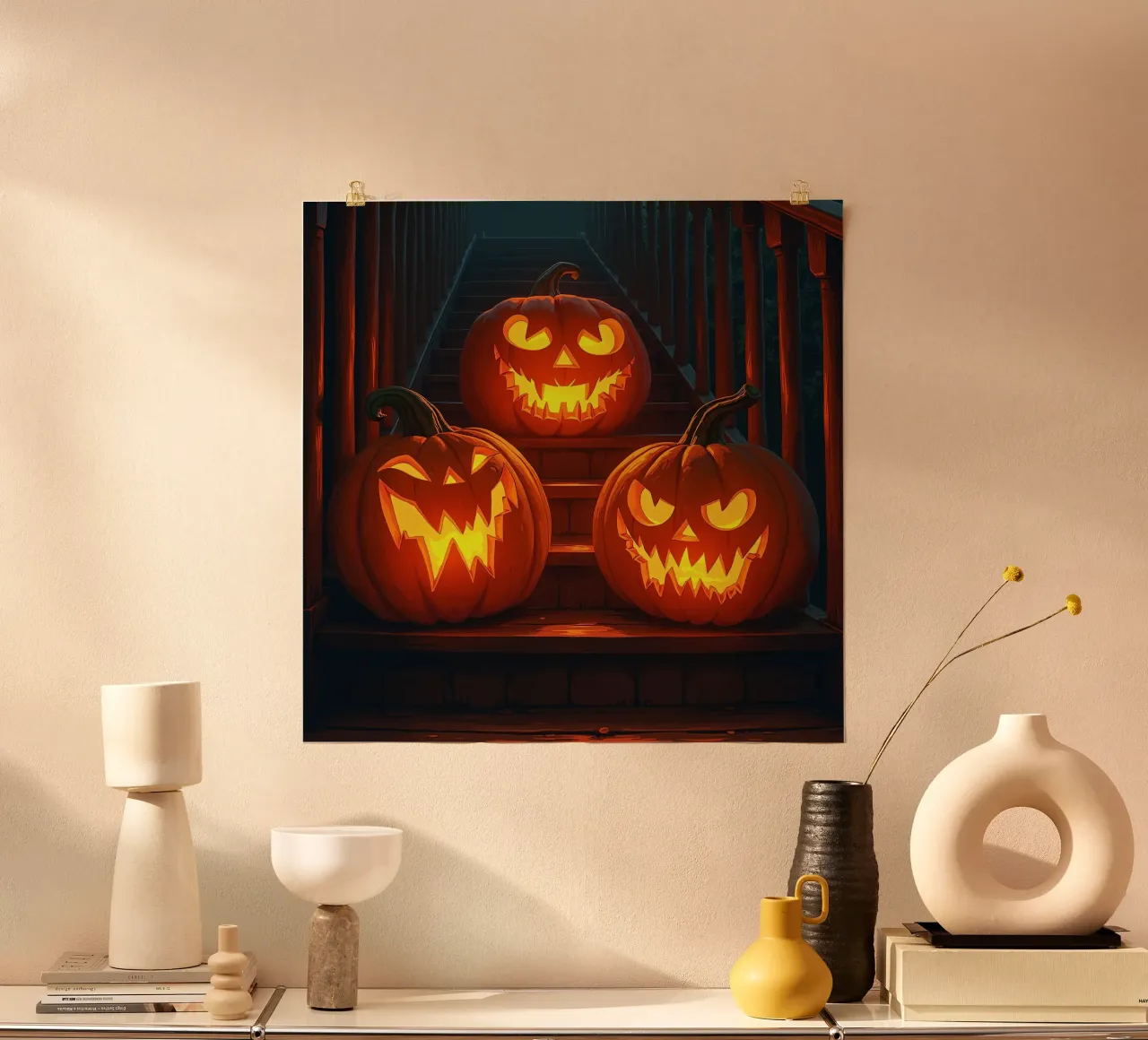Halloween_tre zucche sulle scale_4 poster con telaio in legno da Fantasie & Mystikwelten by LK