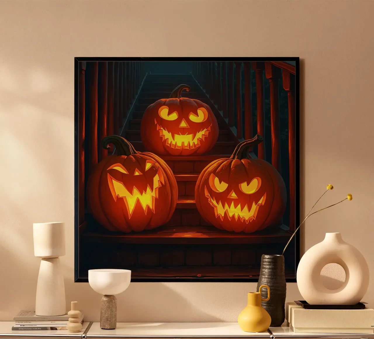 Halloween_tre zucche sulle scale_4 poster con telaio in legno da Fantasie & Mystikwelten by LK