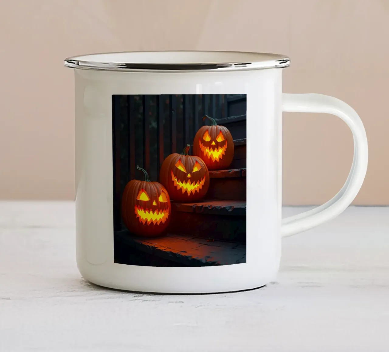Halloween_tre zucche sulle scale_5 tazza in smalto da Fantasie & Mystikwelten by LK