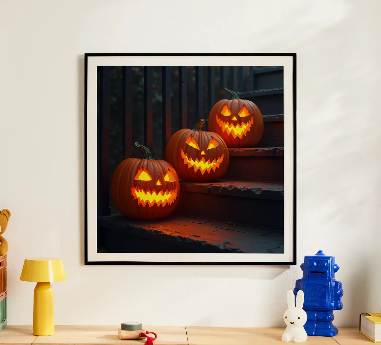 Halloween_tre zucche sulle scale_5 poster con telaio in legno da Fantasie & Mystikwelten by LK