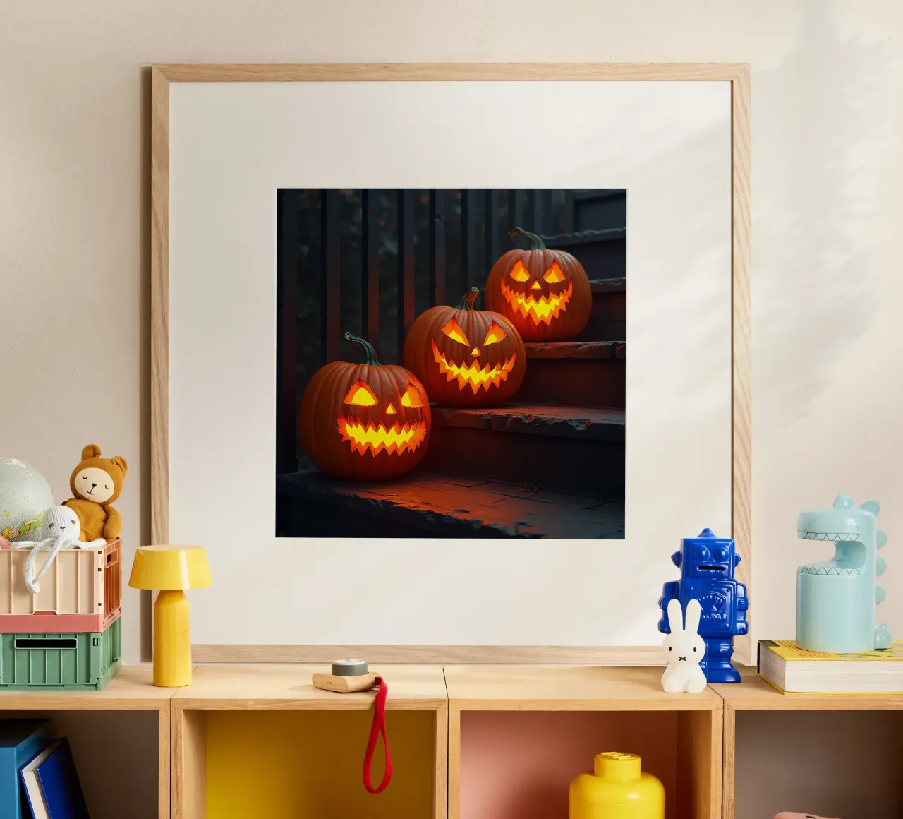 Halloween_tre zucche sulle scale_5 poster con telaio in legno da Fantasie & Mystikwelten by LK