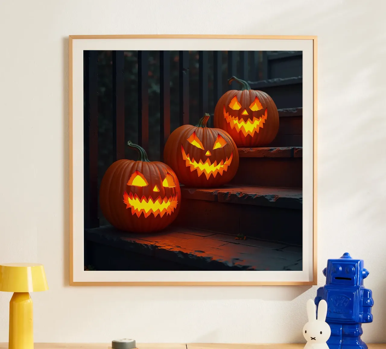 Halloween_tre zucche sulle scale_5 poster con telaio in legno da Fantasie & Mystikwelten by LK