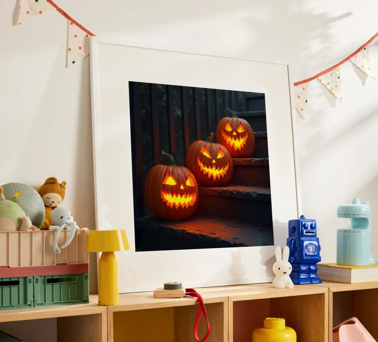 Halloween_tre zucche sulle scale_5 poster con telaio in legno da Fantasie & Mystikwelten by LK