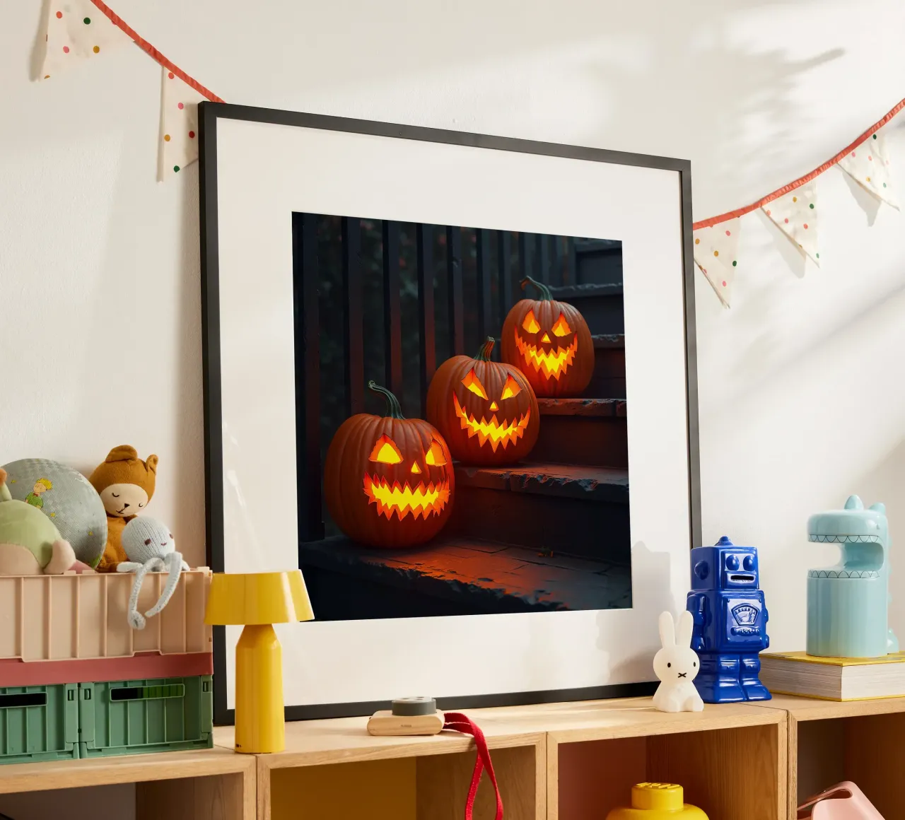 Halloween_tre zucche sulle scale_5 poster con telaio in legno da Fantasie & Mystikwelten by LK
