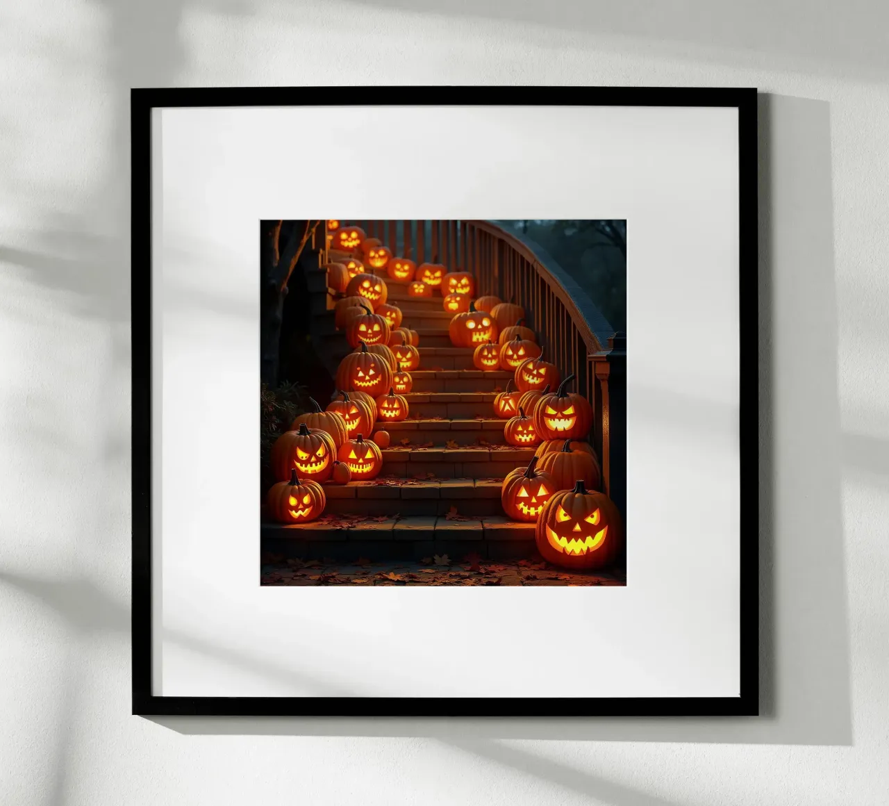 Halloween_zucche sulle scale_1 poster con telaio in legno da Fantasie & Mystikwelten by LK