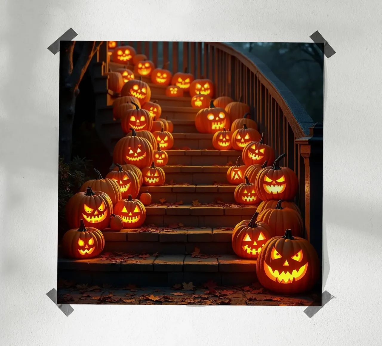 Halloween_zucche sulle scale_1 poster con telaio in legno da Fantasie & Mystikwelten by LK