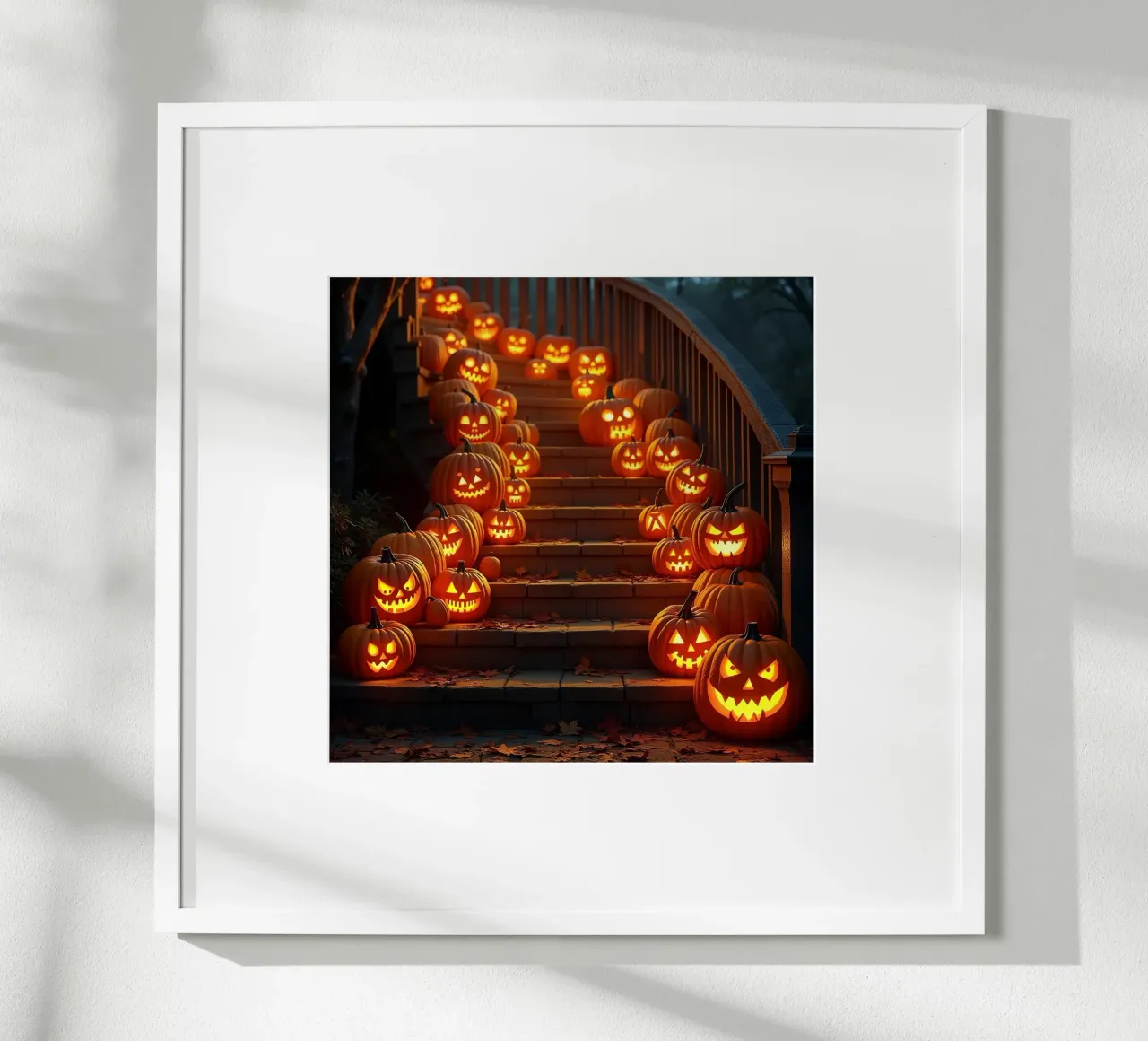 Halloween_zucche sulle scale_1 poster con telaio in legno da Fantasie & Mystikwelten by LK
