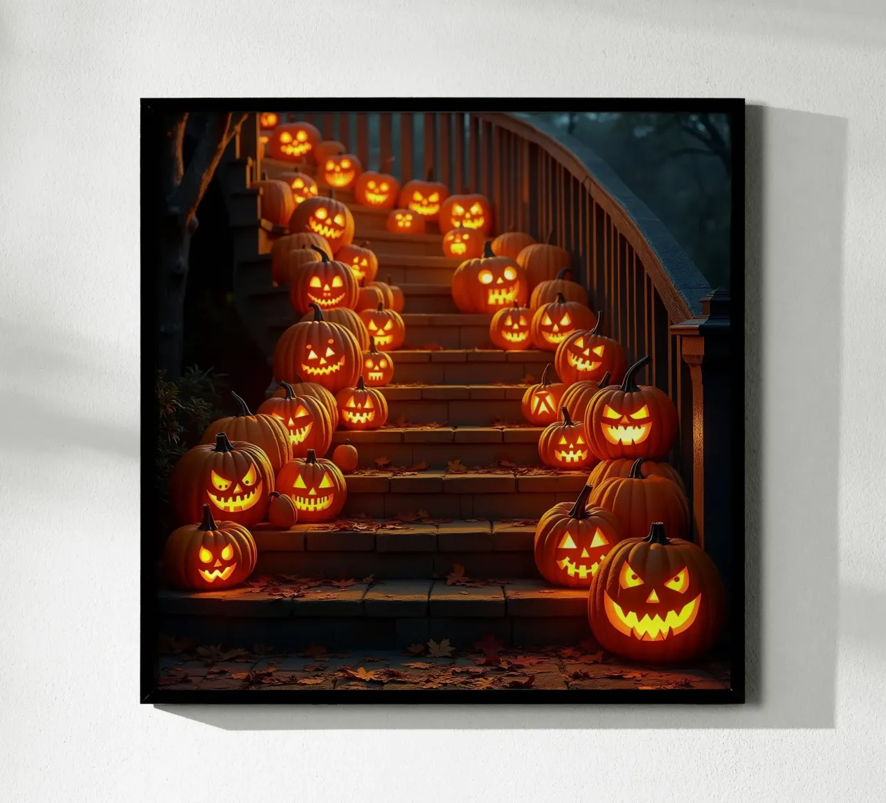 Halloween_zucche sulle scale_1 poster con telaio in legno da Fantasie & Mystikwelten by LK