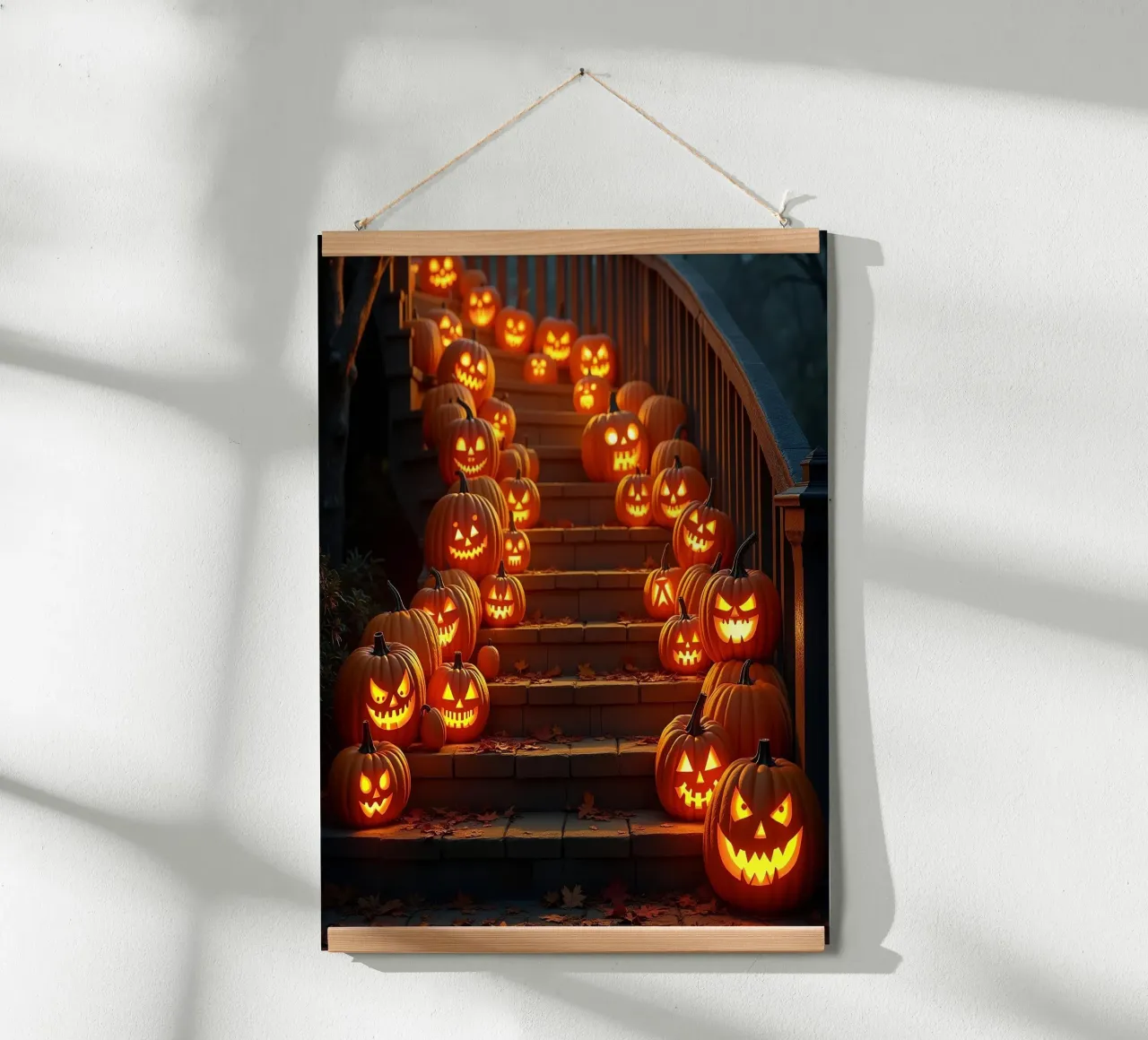 Halloween_zucche sulle scale_1 poster con telaio in legno da Fantasie & Mystikwelten by LK