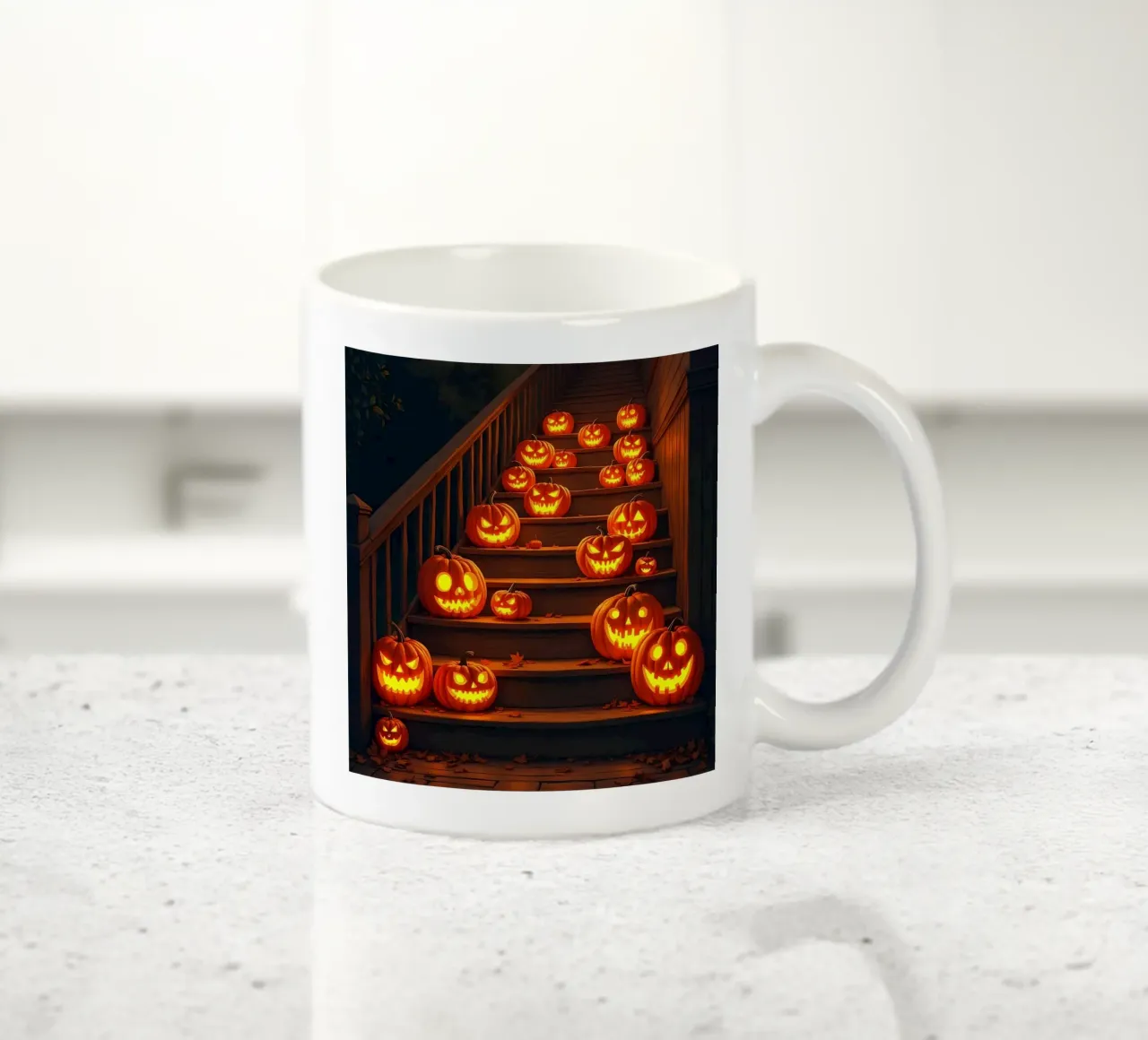 Halloween_zucche sulle scale_2 tazza in ceramica da Fantasie & Mystikwelten by LK