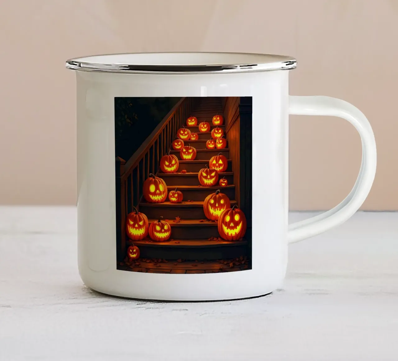 Halloween_zucche sulle scale_2 tazza in smalto da Fantasie & Mystikwelten by LK