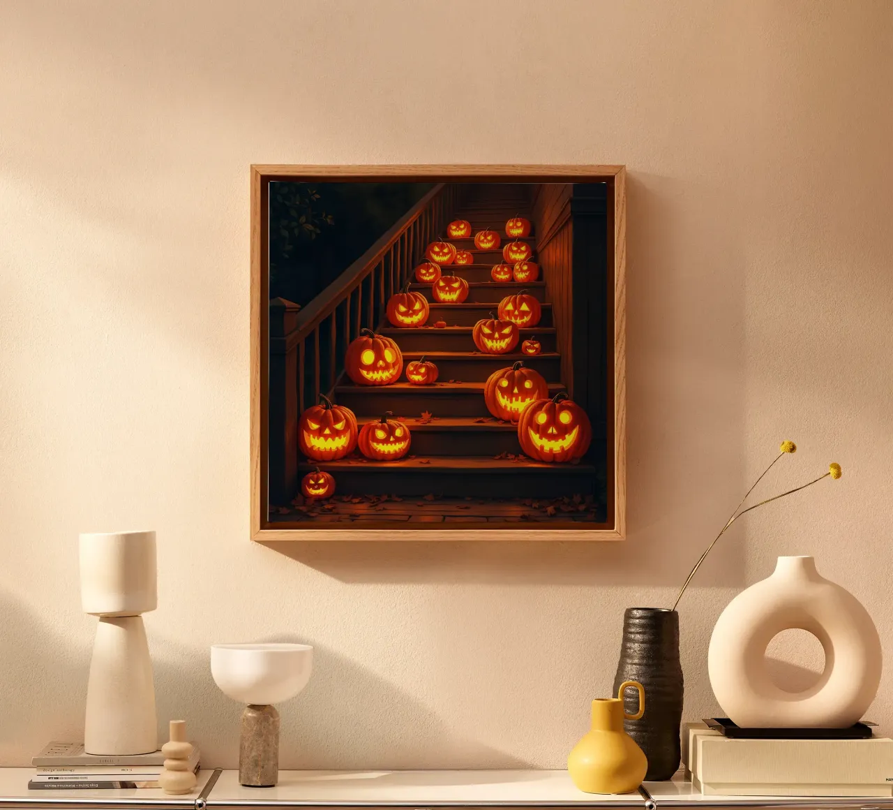 Halloween_calabazas en las escaleras_2 lienzo con Marco flotante de Fantasie & Mystikwelten by LK