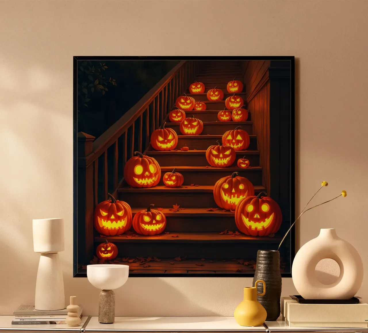 Halloween_zucche sulle scale_2 poster con telaio in legno da Fantasie & Mystikwelten by LK