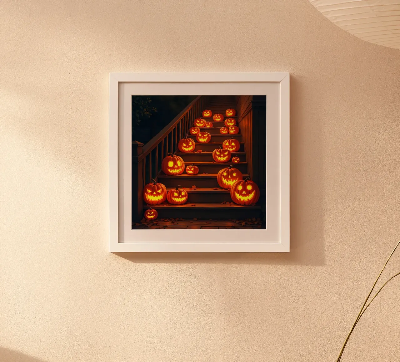 Halloween_zucche sulle scale_2 poster con telaio in legno da Fantasie & Mystikwelten by LK