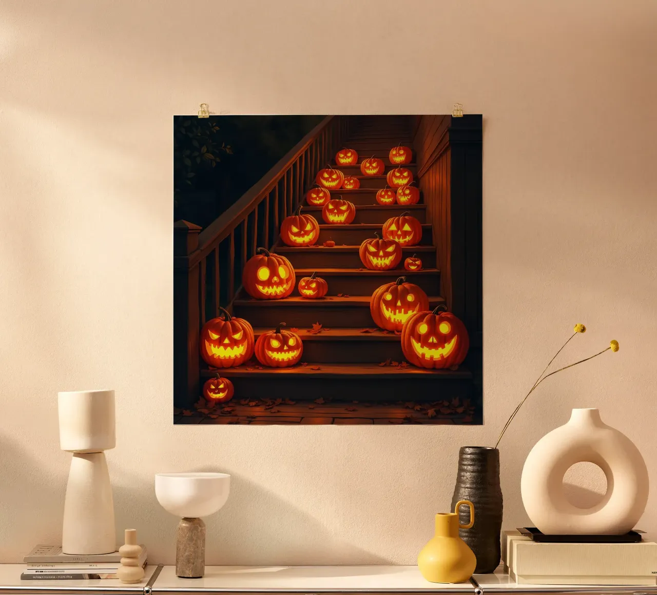 Halloween_zucche sulle scale_2 poster con telaio in legno da Fantasie & Mystikwelten by LK