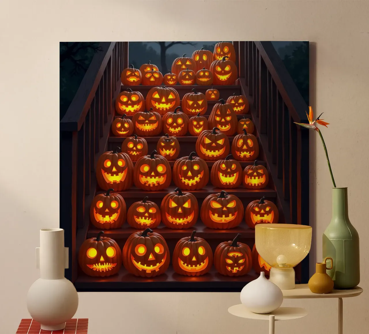 Halloween_zucche sulle scale_3 tela con Cornice a cassetta da Fantasie & Mystikwelten by LK