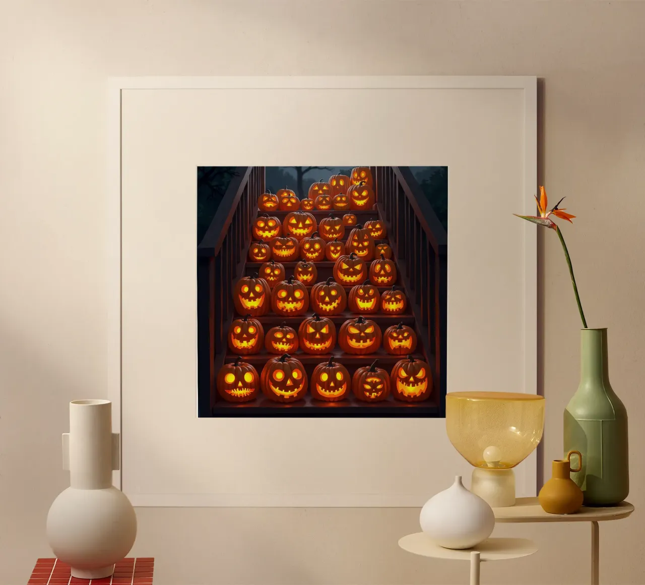 Halloween_zucche sulle scale_3 poster con telaio in legno da Fantasie & Mystikwelten by LK