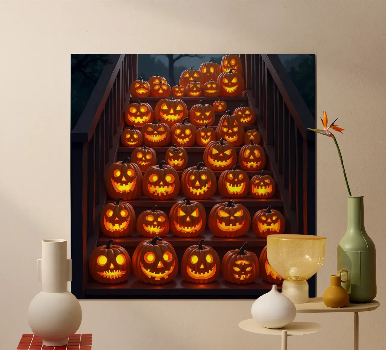 Halloween_zucche sulle scale_3 poster con telaio in legno da Fantasie & Mystikwelten by LK