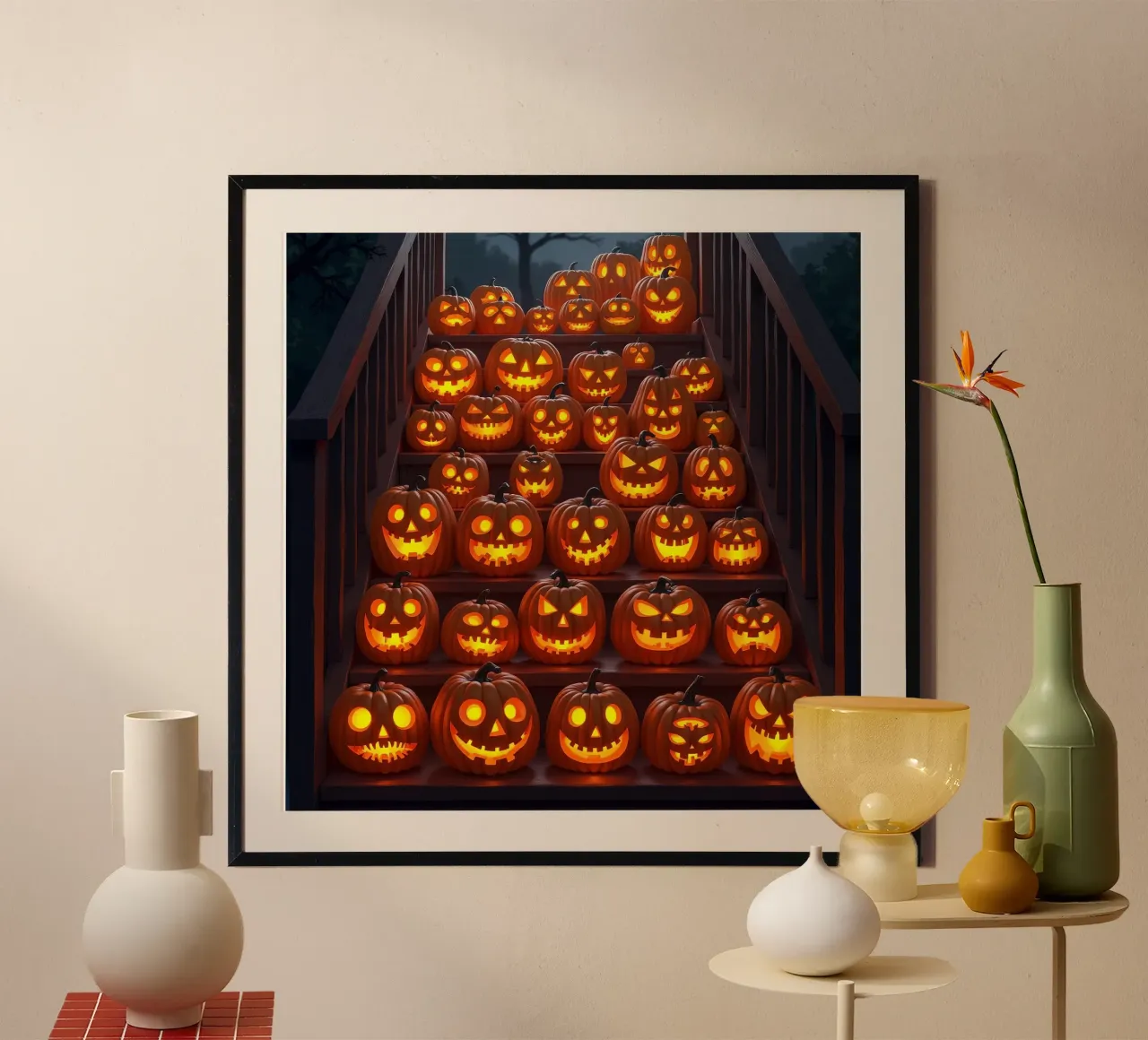 Halloween_zucche sulle scale_3 poster con telaio in legno da Fantasie & Mystikwelten by LK