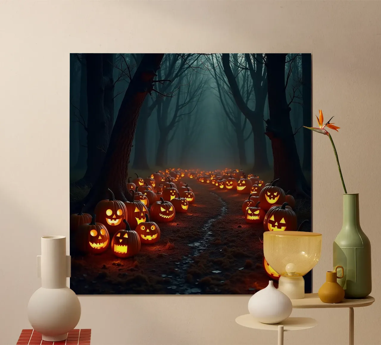Halloween_zucche nel bosco_1 poster con telaio in legno da Fantasie & Mystikwelten by LK